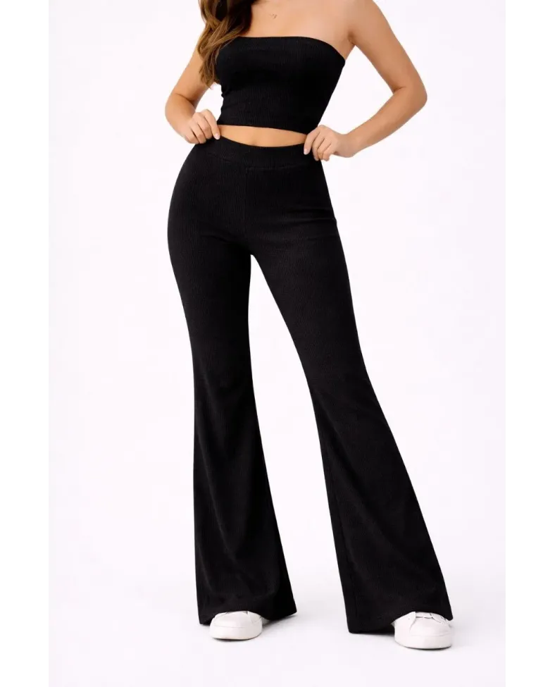 Kadın Fitilli Kaşkorse İspanyol Paça Tayt Yüksek Bel Esnek Günlük Rahat Pantolon - Siyah