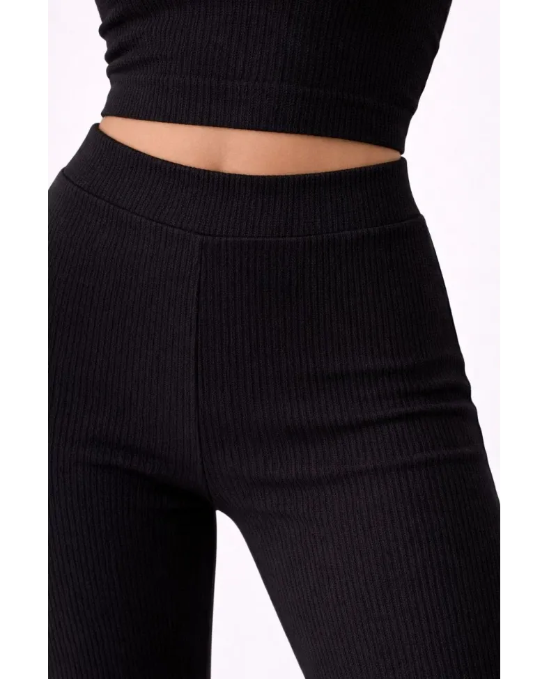 Kadın Fitilli Kaşkorse İspanyol Paça Tayt Yüksek Bel Esnek Günlük Rahat Pantolon - Siyah