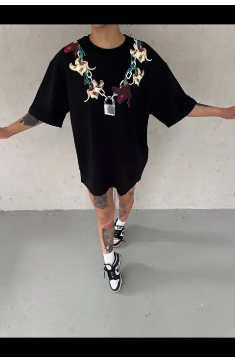 Kadın Baskılı T-Shirt Kısa Kol Bisiklet Yaka Regular Rahat Kalıp Günlük Tişört - Siyah