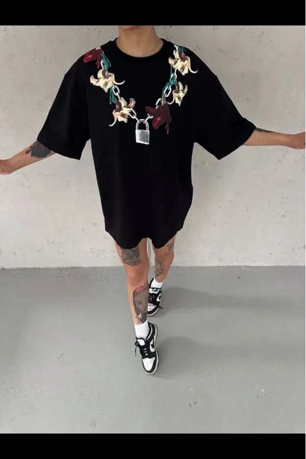 Kadın Baskılı T-Shirt Kısa Kol Bisiklet Yaka Regular Rahat Kalıp Günlük Tişört - Siyah