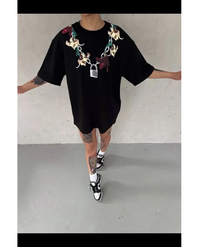 Kadın Baskılı T-Shirt Kısa Kol Bisiklet Yaka Regular Rahat Kalıp Günlük Tişört - Siyah