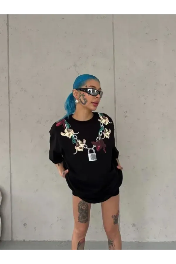 Kadın Baskılı T-Shirt Kısa Kol Bisiklet Yaka Regular Rahat Kalıp Günlük Tişört - Siyah