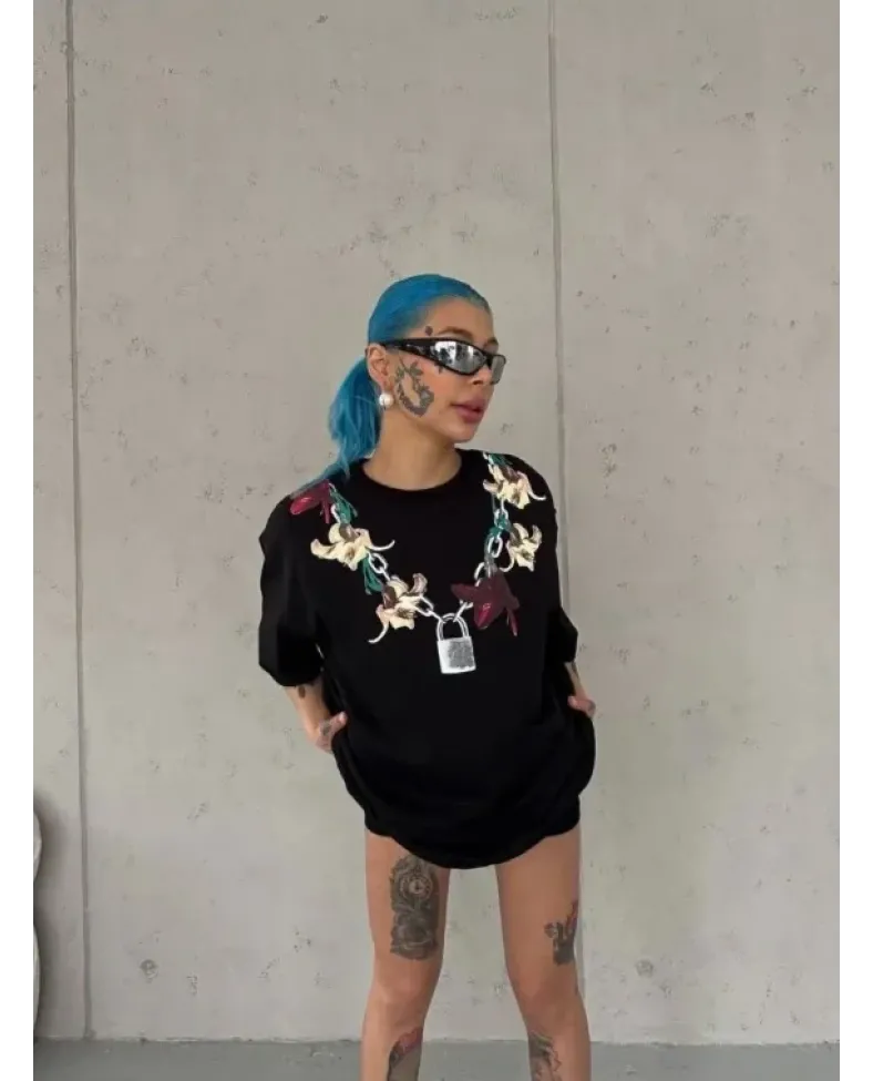 Kadın Baskılı T-Shirt Kısa Kol Bisiklet Yaka Regular Rahat Kalıp Günlük Tişört - Siyah