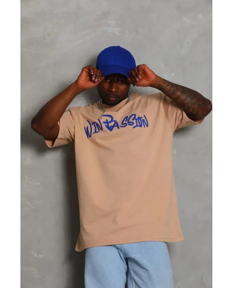 Erkek Baskılı T-Shirt Kısa Kol Bisiklet Yaka Regular Fit Rahat Kalıp Günlük Tişört - Bej