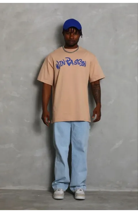 Erkek Baskılı T-Shirt Kısa Kol Bisiklet Yaka Regular Fit Rahat Kalıp Günlük Tişört - Bej