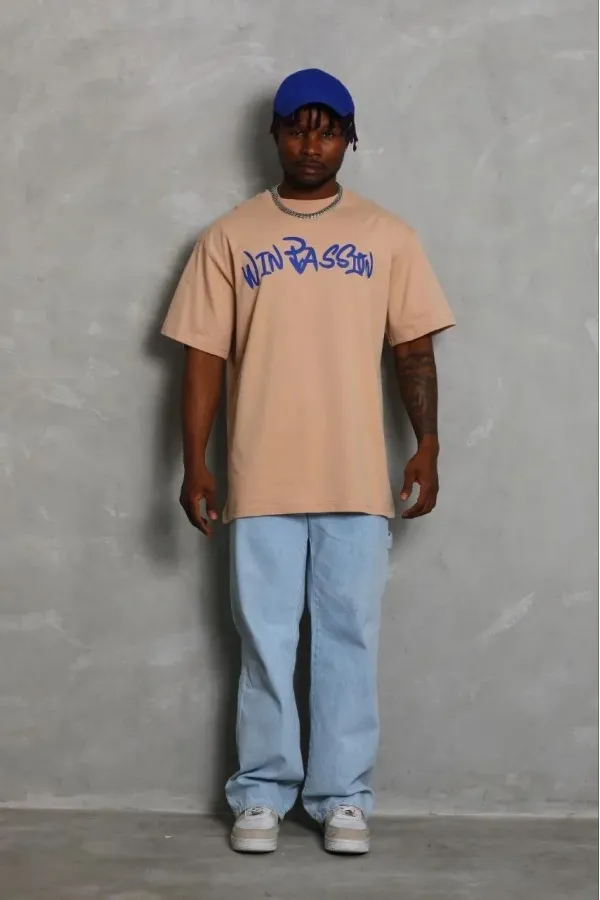 Erkek Baskılı T-Shirt Kısa Kol Bisiklet Yaka Regular Fit Rahat Kalıp Günlük Tişört - Bej