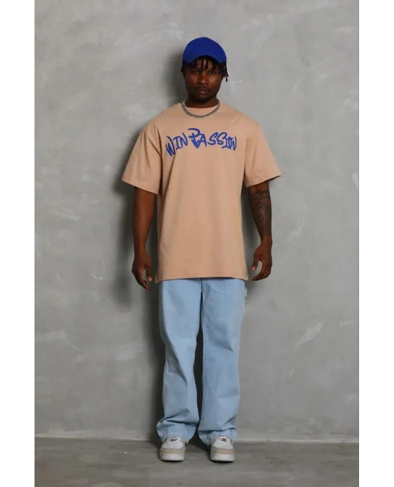 Erkek Baskılı T-Shirt Kısa Kol Bisiklet Yaka Regular Fit Rahat Kalıp Günlük Tişört - Bej