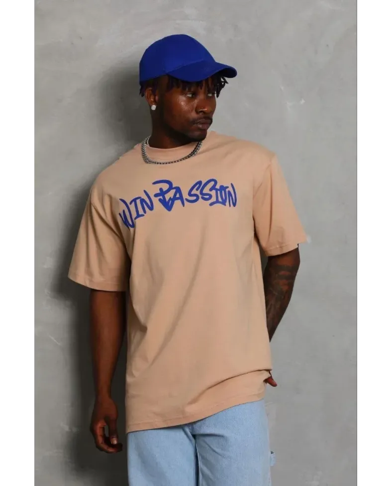 Erkek Baskılı T-Shirt Kısa Kol Bisiklet Yaka Regular Fit Rahat Kalıp Günlük Tişört - Bej