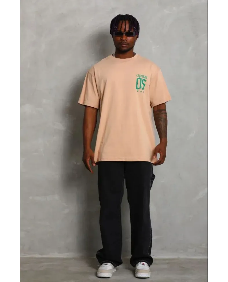 Erkek Baskılı T-Shirt Kısa Kol Bisiklet Yaka Regular Fit Rahat Kalıp Günlük Tişört - Bej