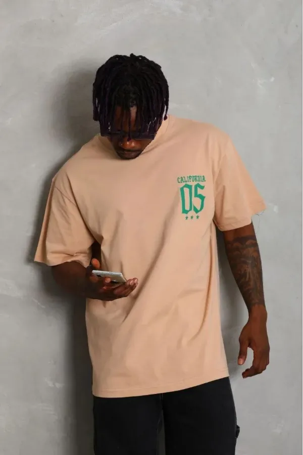 Erkek Baskılı T-Shirt Kısa Kol Bisiklet Yaka Regular Fit Rahat Kalıp Günlük Tişört - Bej