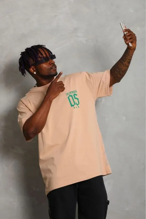 Erkek Baskılı T-Shirt Kısa Kol Bisiklet Yaka Regular Fit Rahat Kalıp Günlük Tişört - Bej