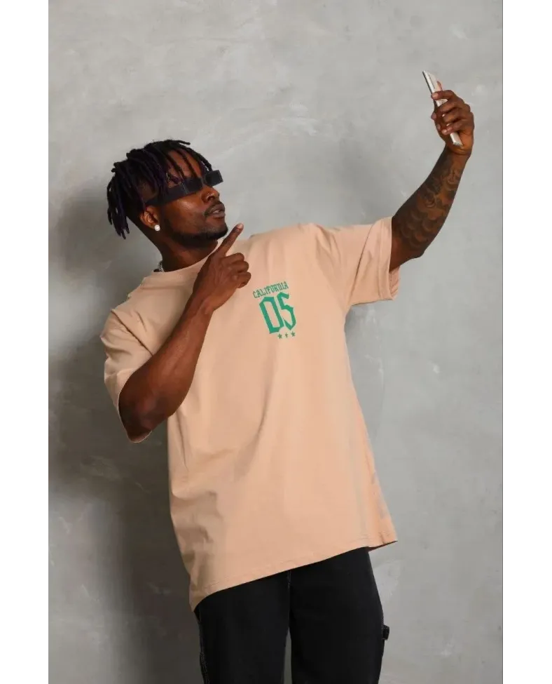 Erkek Baskılı T-Shirt Kısa Kol Bisiklet Yaka Regular Fit Rahat Kalıp Günlük Tişört - Bej