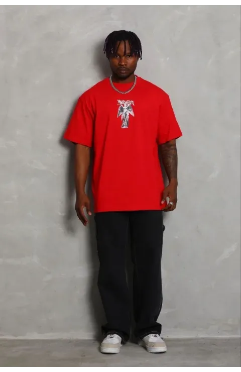 Erkek Baskılı T-Shirt Kısa Kol Bisiklet Yaka Regular Fit Rahat Kalıp Günlük Tişört - Kırmızı