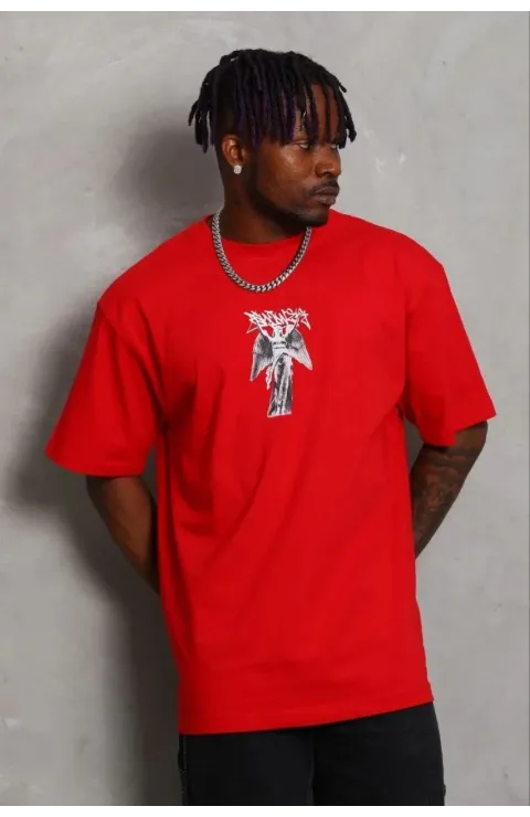 Erkek Baskılı T-Shirt Kısa Kol Bisiklet Yaka Regular Fit Rahat Kalıp Günlük Tişört - Kırmızı