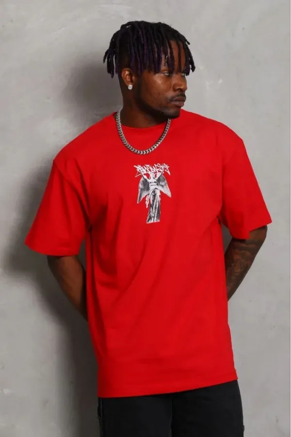 Erkek Baskılı T-Shirt Kısa Kol Bisiklet Yaka Regular Fit Rahat Kalıp Günlük Tişört - Kırmızı