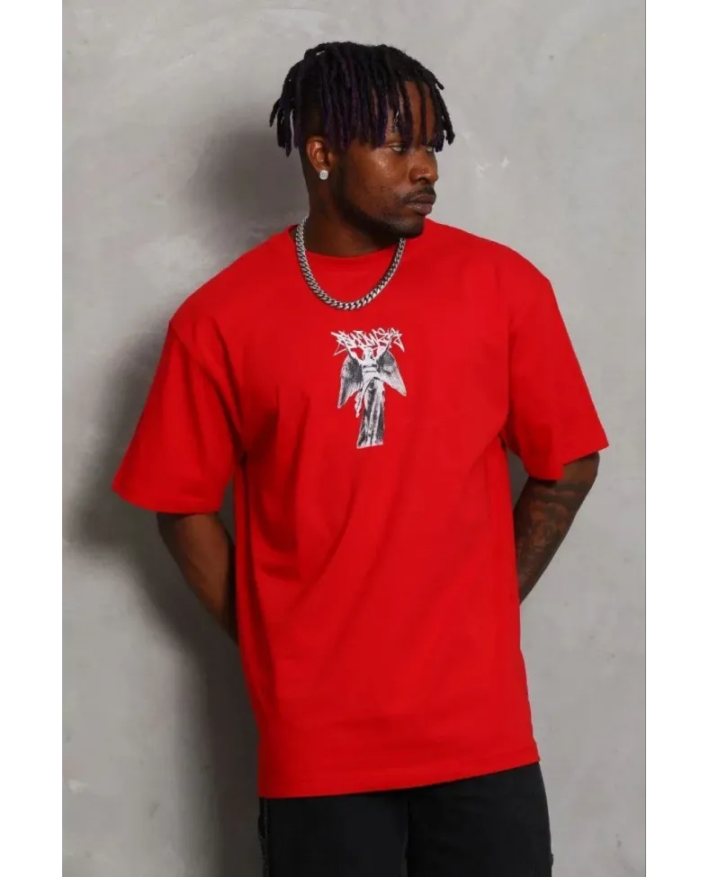 Erkek Baskılı T-Shirt Kısa Kol Bisiklet Yaka Regular Fit Rahat Kalıp Günlük Tişört - Kırmızı