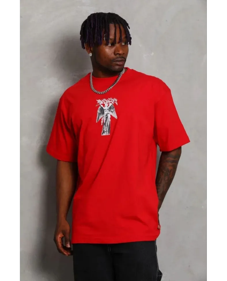 Erkek Baskılı T-Shirt Kısa Kol Bisiklet Yaka Regular Fit Rahat Kalıp Günlük Tişört - Kırmızı