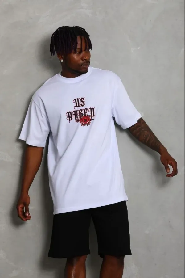 Erkek Baskılı T-Shirt Kısa Kol Bisiklet Yaka Regular Fit Rahat Kalıp Günlük Tişört - Beyaz