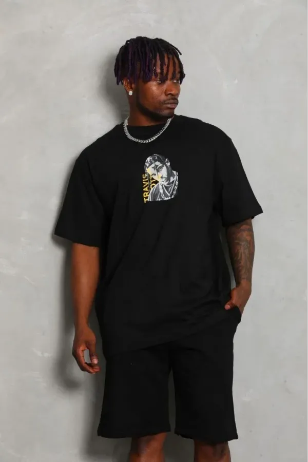 Erkek Baskılı T-Shirt Kısa Kol Bisiklet Yaka Regular Fit Rahat Kalıp Günlük Tişört - Siyah