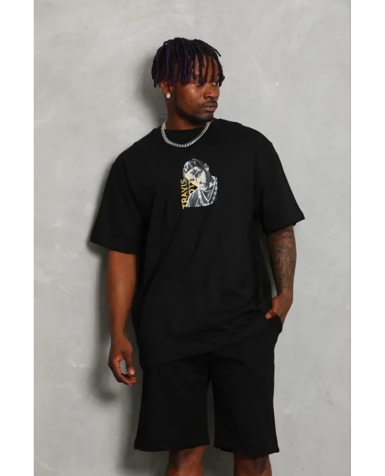 Erkek Baskılı T-Shirt Kısa Kol Bisiklet Yaka Regular Fit Rahat Kalıp Günlük Tişört - Siyah