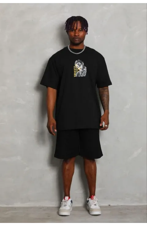 Erkek Baskılı T-Shirt Kısa Kol Bisiklet Yaka Regular Fit Rahat Kalıp Günlük Tişört - Siyah