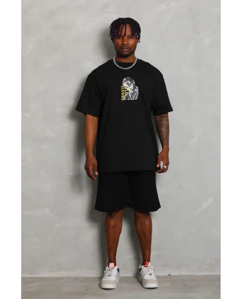 Erkek Baskılı T-Shirt Kısa Kol Bisiklet Yaka Regular Fit Rahat Kalıp Günlük Tişört - Siyah