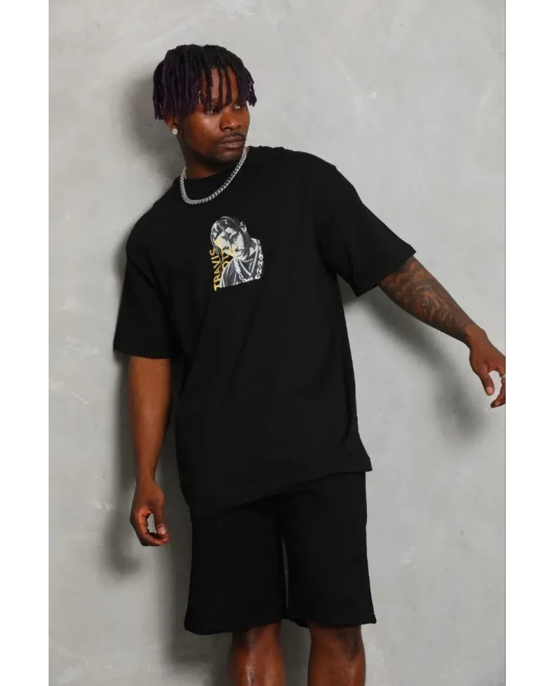 Erkek Baskılı T-Shirt Kısa Kol Bisiklet Yaka Regular Fit Rahat Kalıp Günlük Tişört - Siyah