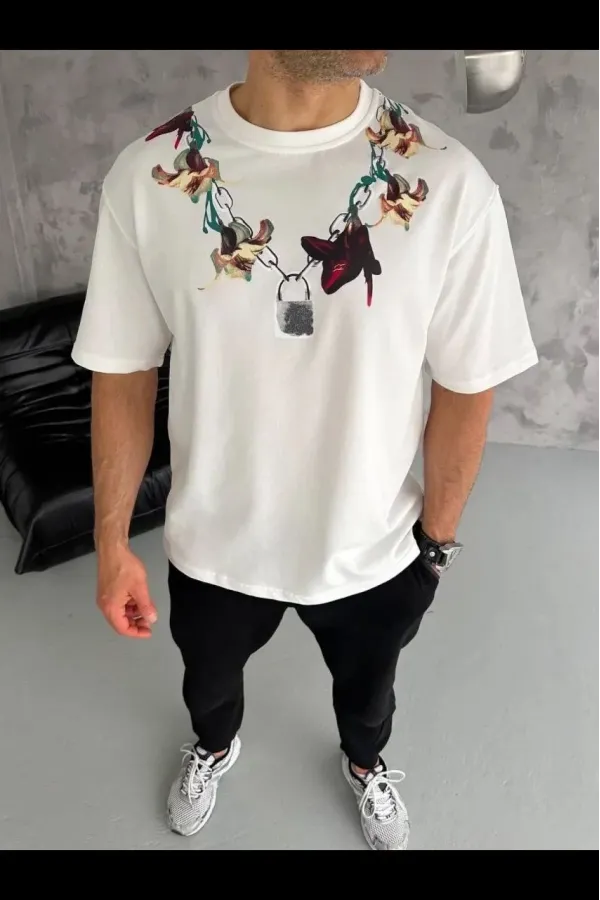 Erkek Baskılı T-Shirt Kısa Kol Bisiklet Yaka Regular Fit Tişört - Beyaz