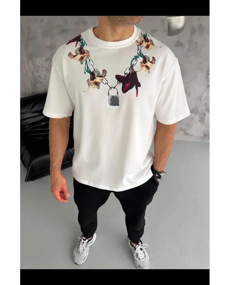 Erkek Baskılı T-Shirt Kısa Kol Bisiklet Yaka Regular Fit Tişört - Beyaz