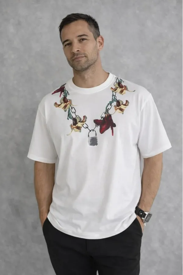 Erkek Baskılı T-Shirt Kısa Kol Bisiklet Yaka Regular Fit Tişört - Beyaz