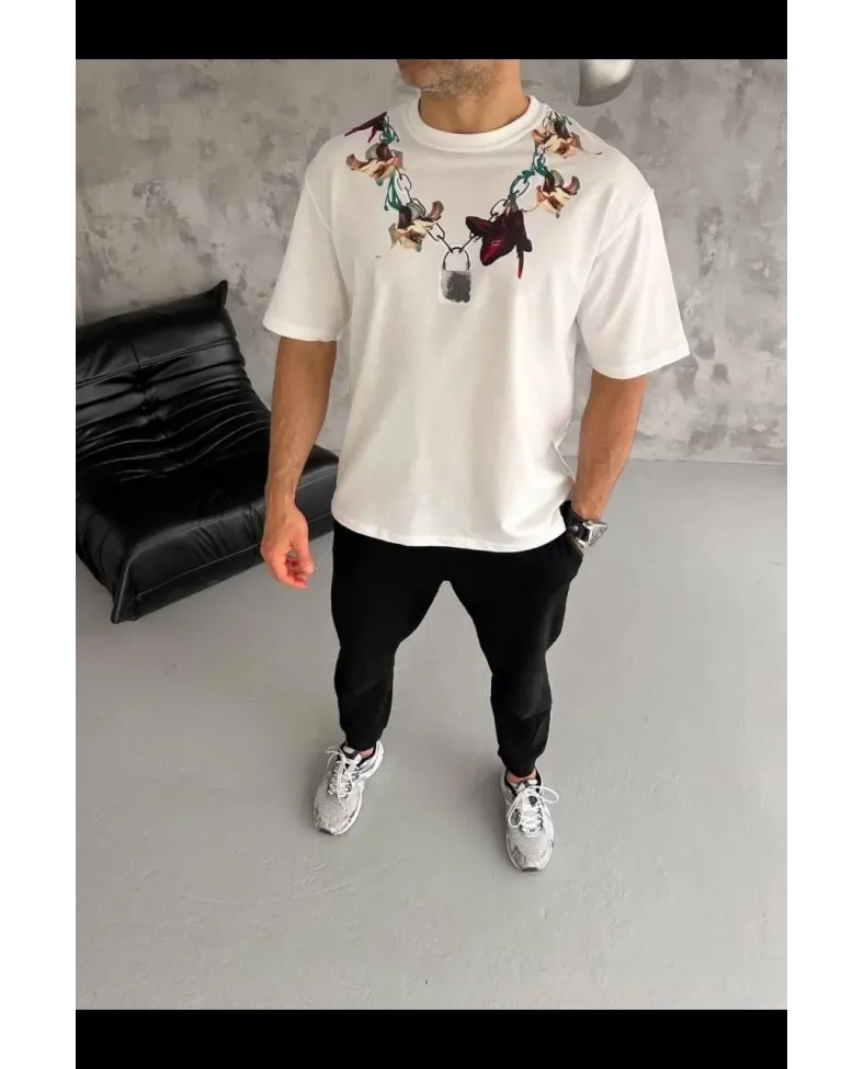 Erkek Baskılı T-Shirt Kısa Kol Bisiklet Yaka Regular Fit Tişört - Beyaz