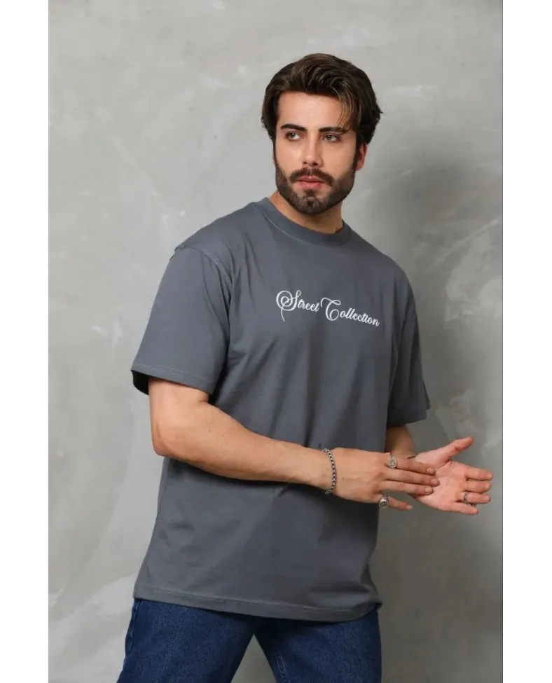 Erkek Baskılı T-Shirt Kısa Kol Bisiklet Yaka Regular Fit Rahat Kalıp Günlük Tişört - Füme