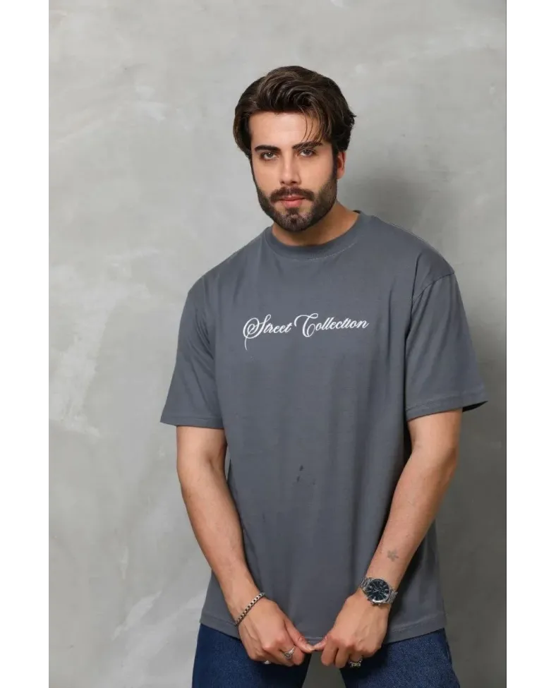 Erkek Baskılı T-Shirt Kısa Kol Bisiklet Yaka Regular Fit Rahat Kalıp Günlük Tişört - Füme