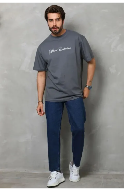 Erkek Baskılı T-Shirt Kısa Kol Bisiklet Yaka Regular Fit Rahat Kalıp Günlük Tişört - Füme