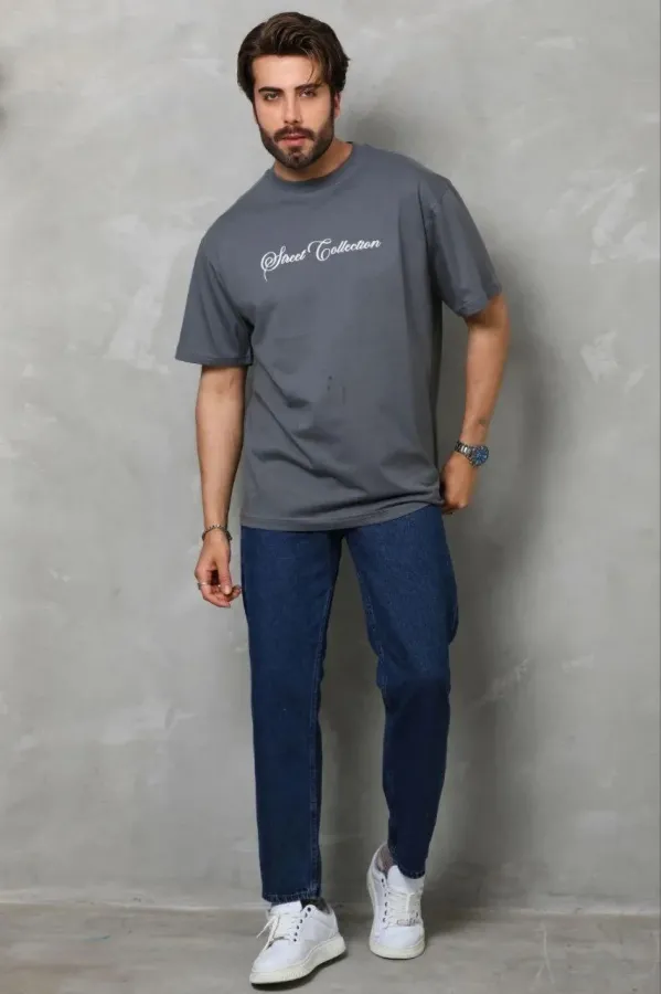 Erkek Baskılı T-Shirt Kısa Kol Bisiklet Yaka Regular Fit Rahat Kalıp Günlük Tişört - Füme