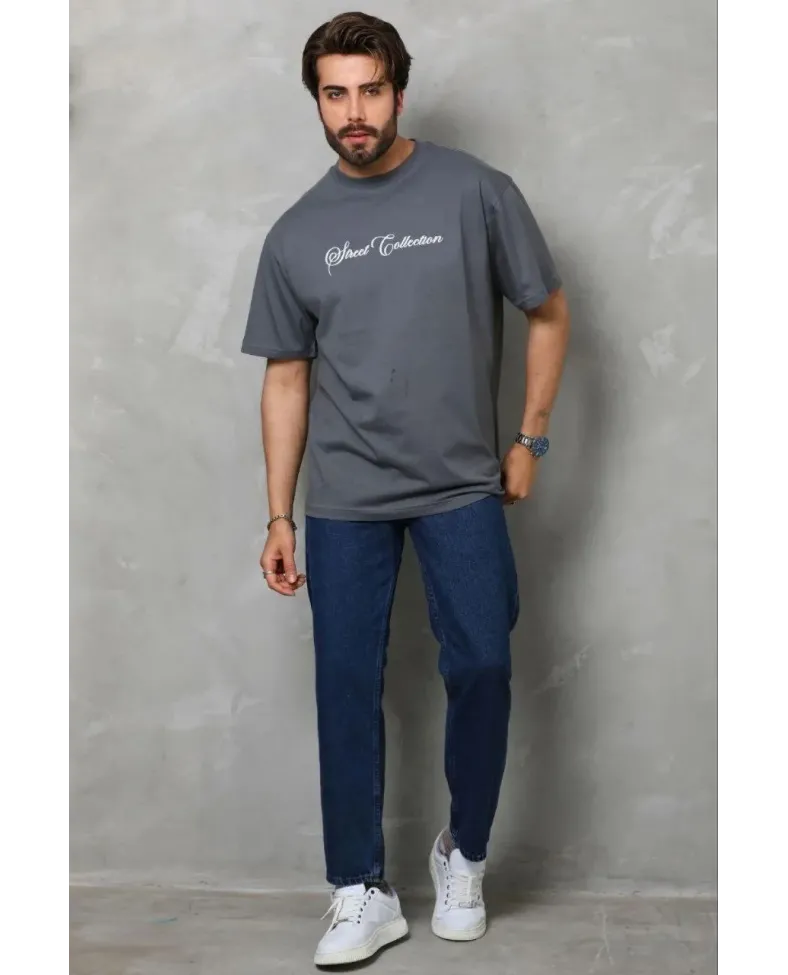 Erkek Baskılı T-Shirt Kısa Kol Bisiklet Yaka Regular Fit Rahat Kalıp Günlük Tişört - Füme