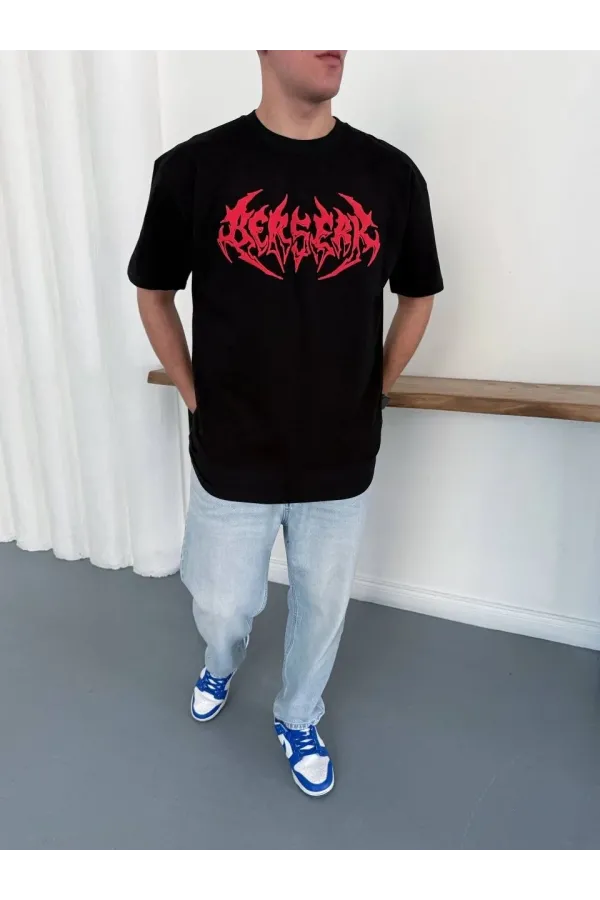 Erkek Kısa Kol Yazlık Tişört Bisiklet Yaka Baskılı Oversize T-Shirt - Siyah