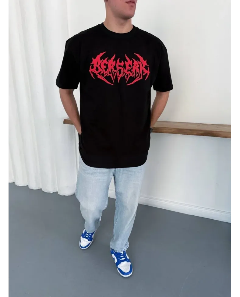 Erkek Kısa Kol Yazlık Tişört Bisiklet Yaka Baskılı Oversize T-Shirt - Siyah