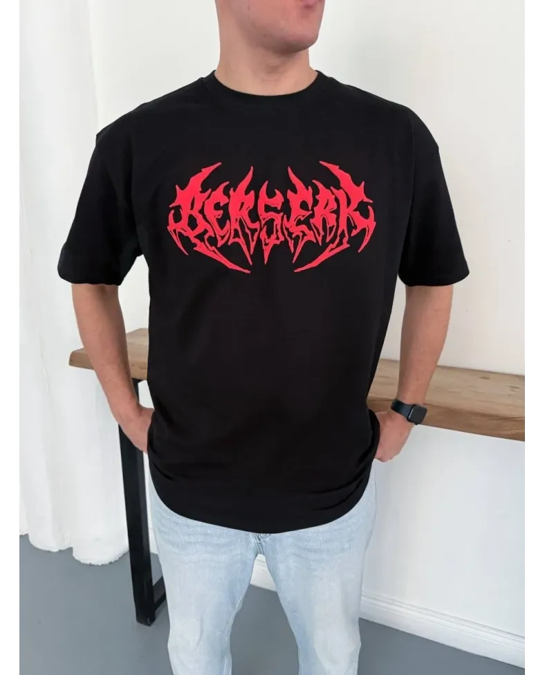 Erkek Kısa Kol Yazlık Tişört Bisiklet Yaka Baskılı Oversize T-Shirt - Siyah