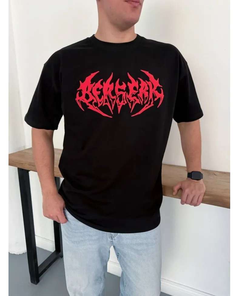 Erkek Kısa Kol Yazlık Tişört Bisiklet Yaka Baskılı Oversize T-Shirt - Siyah