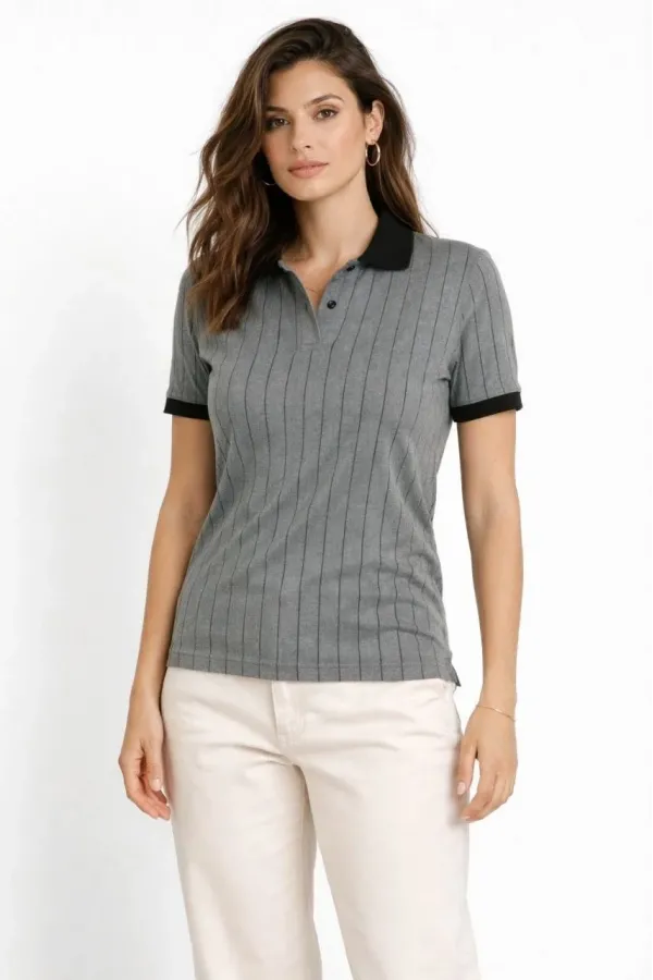 Kadın Polo Yaka Çizgili Tişört Kısa Kol Düğmeli Yazlık T-Shirt - Gri