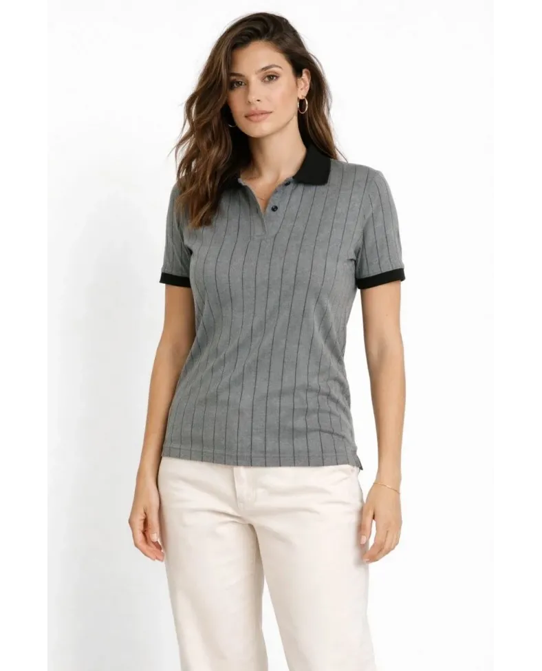 Kadın Polo Yaka Çizgili Tişört Kısa Kol Düğmeli Yazlık T-Shirt - Gri