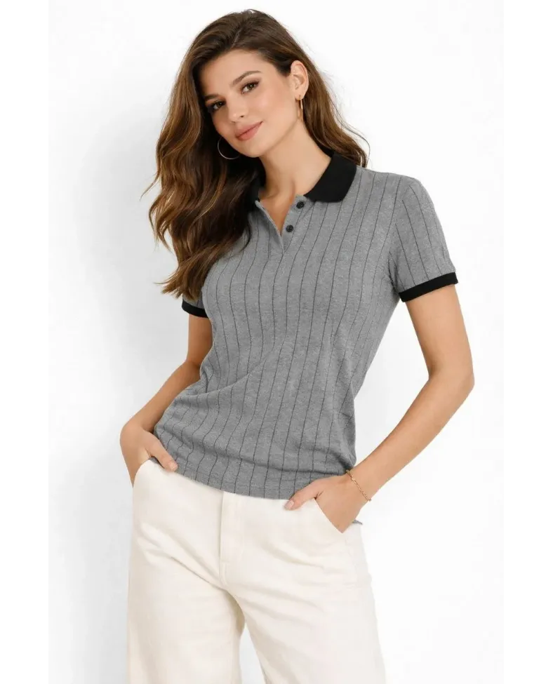 Kadın Polo Yaka Çizgili Tişört Kısa Kol Düğmeli Yazlık T-Shirt - Gri