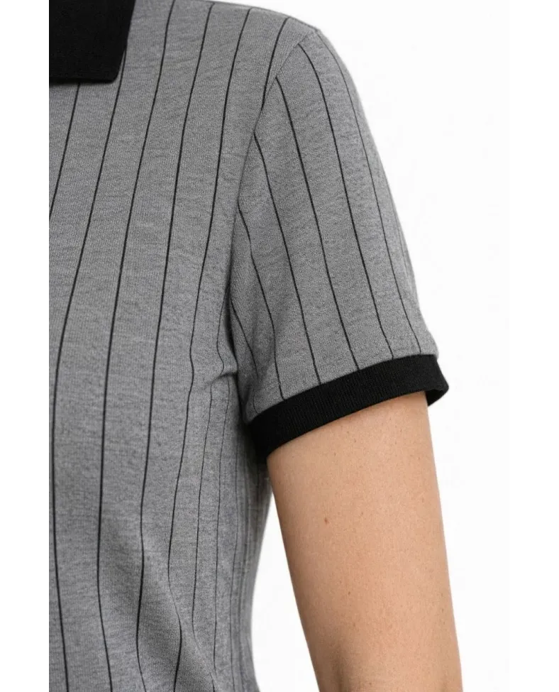 Kadın Polo Yaka Çizgili Tişört Kısa Kol Düğmeli Yazlık T-Shirt - Gri