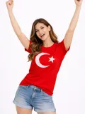 Kadın T-Shirt Kısa Kol Bisiklet Yaka Ay Yıldız Bayrak Baskılı Tişört - Kırmızı