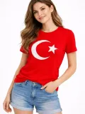 Kadın T-Shirt Kısa Kol Bisiklet Yaka Ay Yıldız Bayrak Baskılı Tişört - Kırmızı