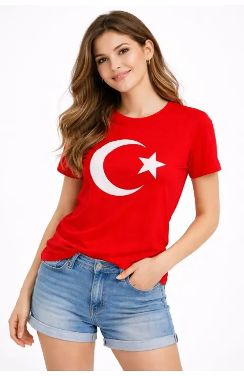 Kadın T-Shirt Kısa Kol Bisiklet Yaka Ay Yıldız Bayrak Baskılı Tişört - Kırmızı