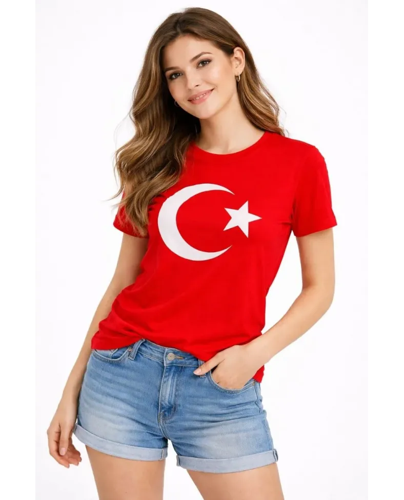 Kadın T-Shirt Kısa Kol Bisiklet Yaka Ay Yıldız Bayrak Baskılı Tişört - Kırmızı
