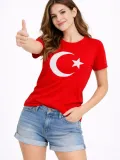 Kadın T-Shirt Kısa Kol Bisiklet Yaka Ay Yıldız Bayrak Baskılı Tişört - Kırmızı