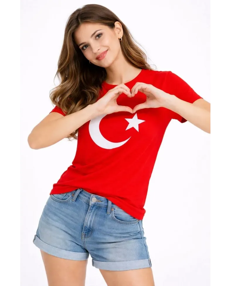 Kadın T-Shirt Kısa Kol Bisiklet Yaka Ay Yıldız Bayrak Baskılı Tişört - Kırmızı